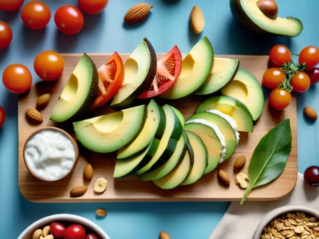 Bodegón de snacks saludables: frutas, nueces, yogur y arroz con aguacate Una vibrante ilustración en acuarela de una variedad de snacks saludables para perder peso, en un tabla de madera