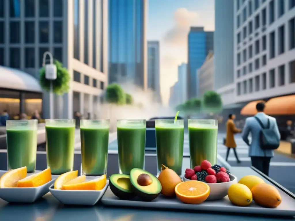 Desayunos saludables en la ciudad: ilustración acuarela detallada Un vibrante amanecer en la ciudad con desayunos saludables para gente ocupada