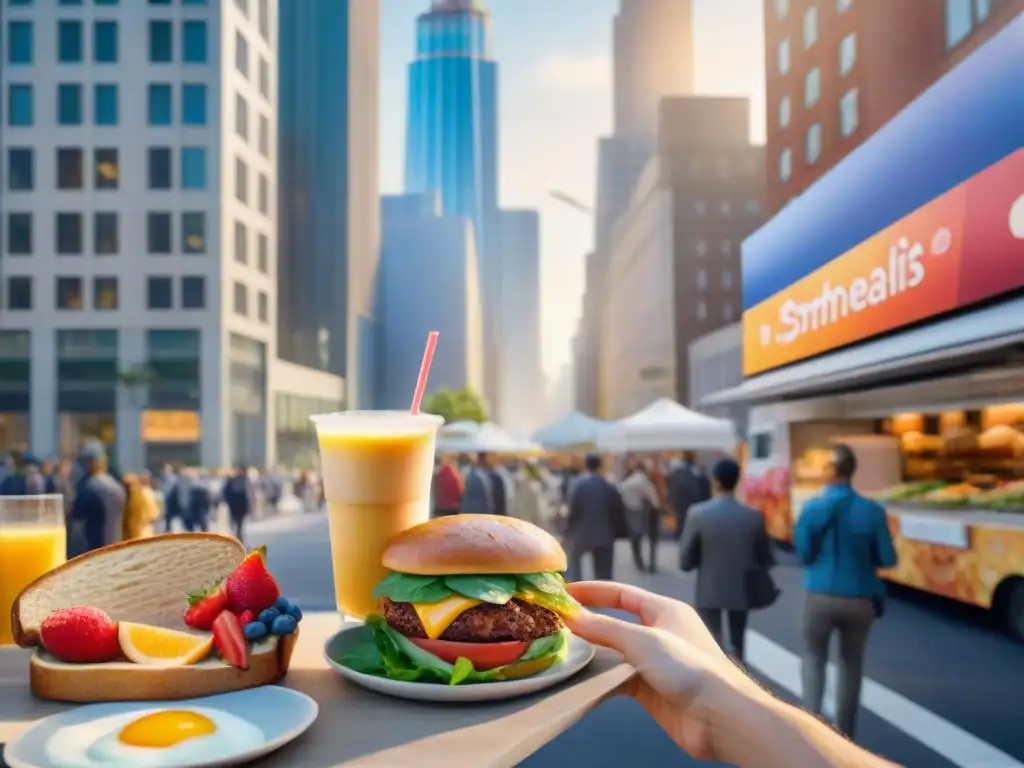 Desayunos saludables en la ciudad al amanecer Un vibrante amanecer en la ciudad con gente ocupada disfrutando desayunos saludables