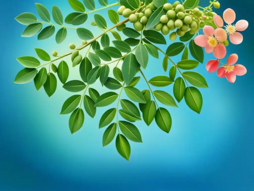Moringa: Ilustración acuarela de árbol vibrante en paisaje tropical Un vibrante árbol de moringa con hojas frescas y flores coloridas bajo un cielo azul