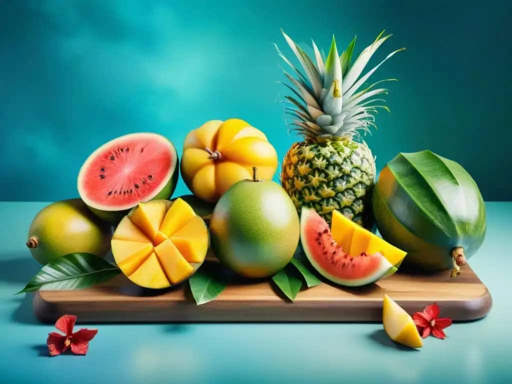 Delicioso plato tropical de frutas en acuarela Una ilustración vibrante de una bandeja de frutas tropicales, con mangos, piñas, sandías y papayas en una tabla de madera