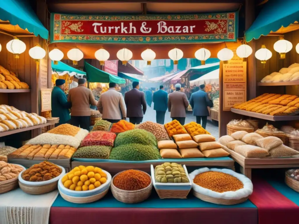 Bazar turco: ilustración acuarela de sabores y colores exóticos Un vibrante bazar turco con snacks saludables con sabores turcos y gente en atuendos tradicionales