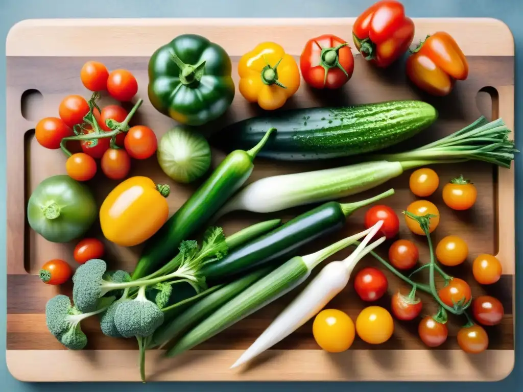 Deliciosas verduras frescas en acuarela: opción saludable y colorida Un vibrante bodegón de vegetales frescos en tabla de madera