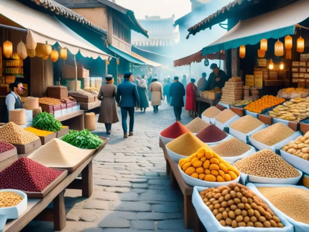 Mercado antiguo: frutos secos y semillas en protein bars Vibrante ilustración acuarela de un bullicioso mercado antiguo vendiendo ingredientes clave en la historia evolución de las barras proteicas