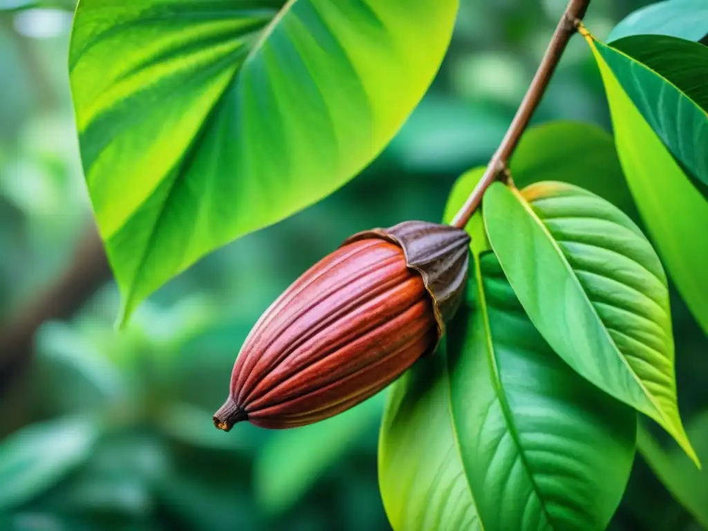 Un vibrante cacao en su árbol con texturas detalladas bajo la luz del bosque tropical