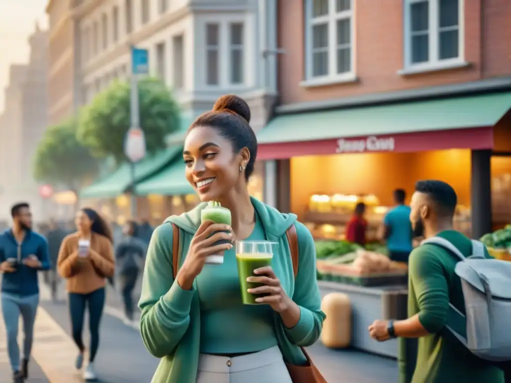Amanecer urbano: desayunos saludables y comunidad Vibrante ilustración de una ciudad al amanecer con gente disfrutando desayunos saludables para gente ocupada
