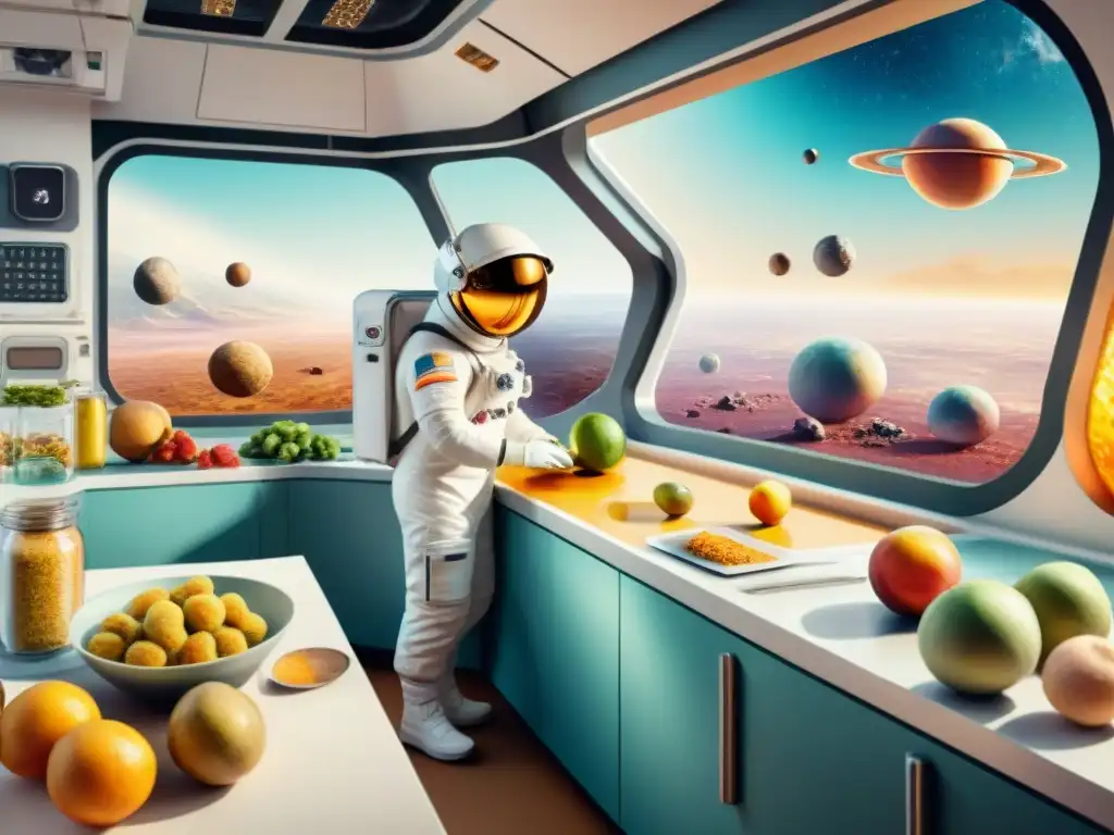 Cocina espacial futurista con snacks extraterrestres Vibrante ilustración de una cocina espacial con snacks saludables innovadores extraterrestres preparados por astronautas en trajes de gravedad cero
