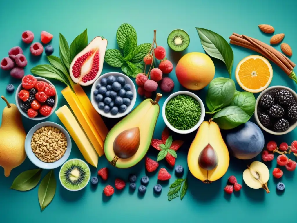 Deliciosos superalimentos: una explosión de colores y nutrientes Un vibrante collage de snacks saludables para energía sostenida en el trabajo