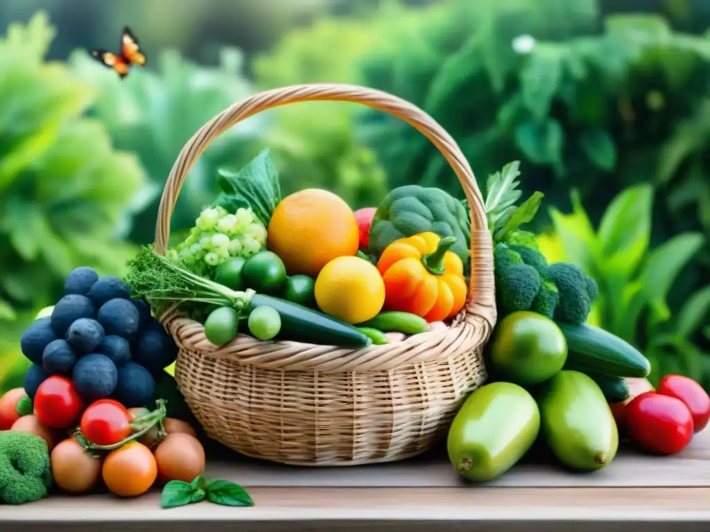 Una ilustración vibrante de una cosecha abundante de frutas y verduras frescas en una canasta de mimbre, en un jardín verde con mariposas