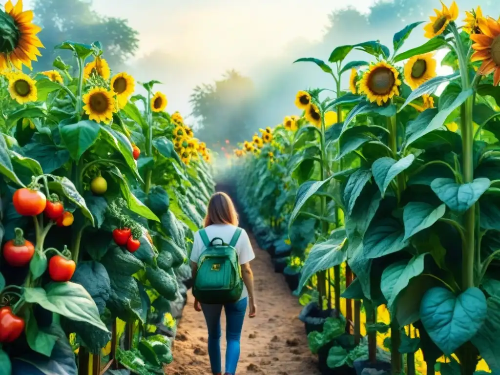 Jardín vibrante con frutas y verduras: naturaleza fresca Un jardín vibrante con frutas y verduras rodeado de girasoles y abejas