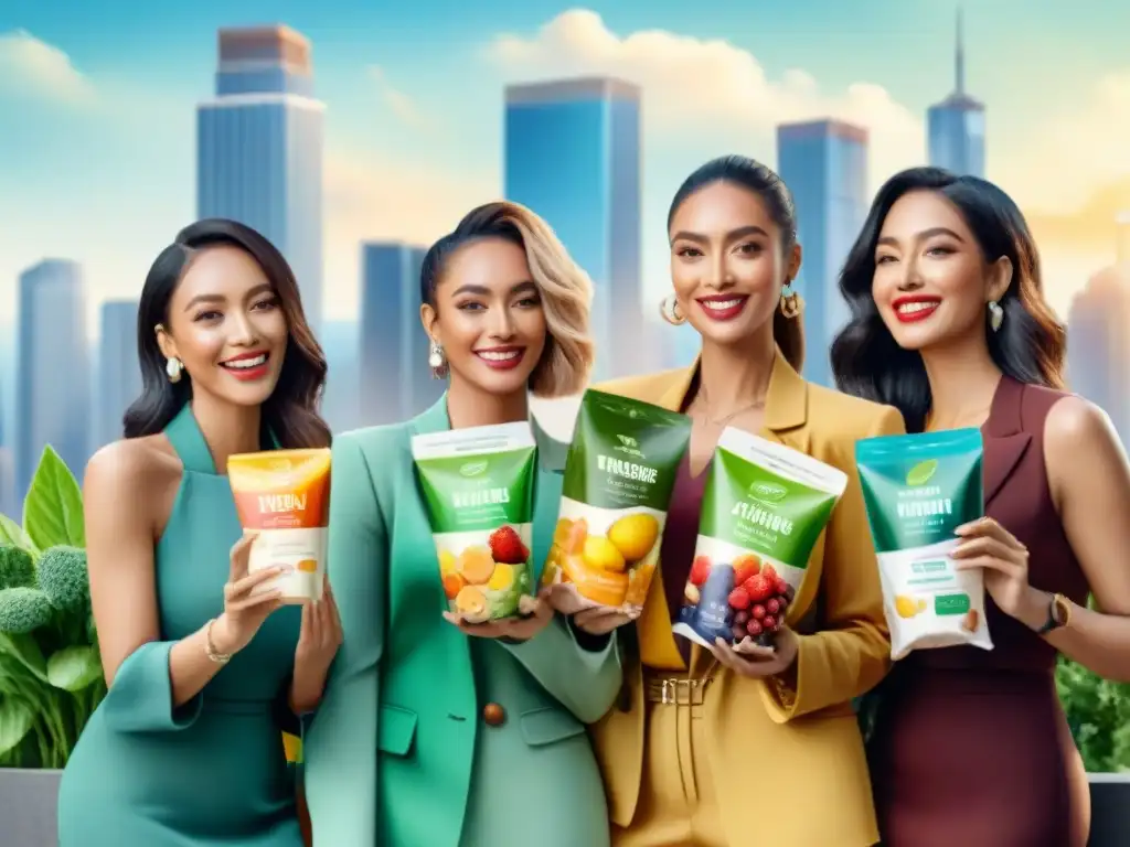 Influencers saludables en ciudad moderna Un vibrante grupo de influencers con snacks saludables en la ciudad