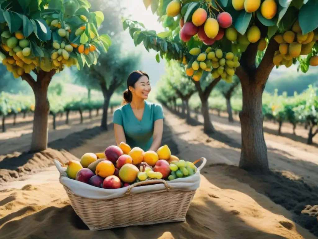 Hermosa cosecha de frutas orgánicas en un huerto vibrante Un vibrante huerto de frutas orgánicas con recolección feliz