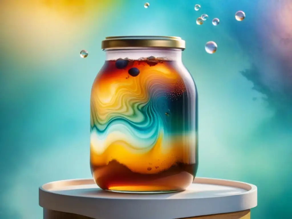 Vibrante ilustración acuarela de un SCOBY de kombucha en fermentación Vibrante SCOBY de kombucha en fermentación, con patrones detallados y burbujas, para Snacks saludables fermentados deliciosos
