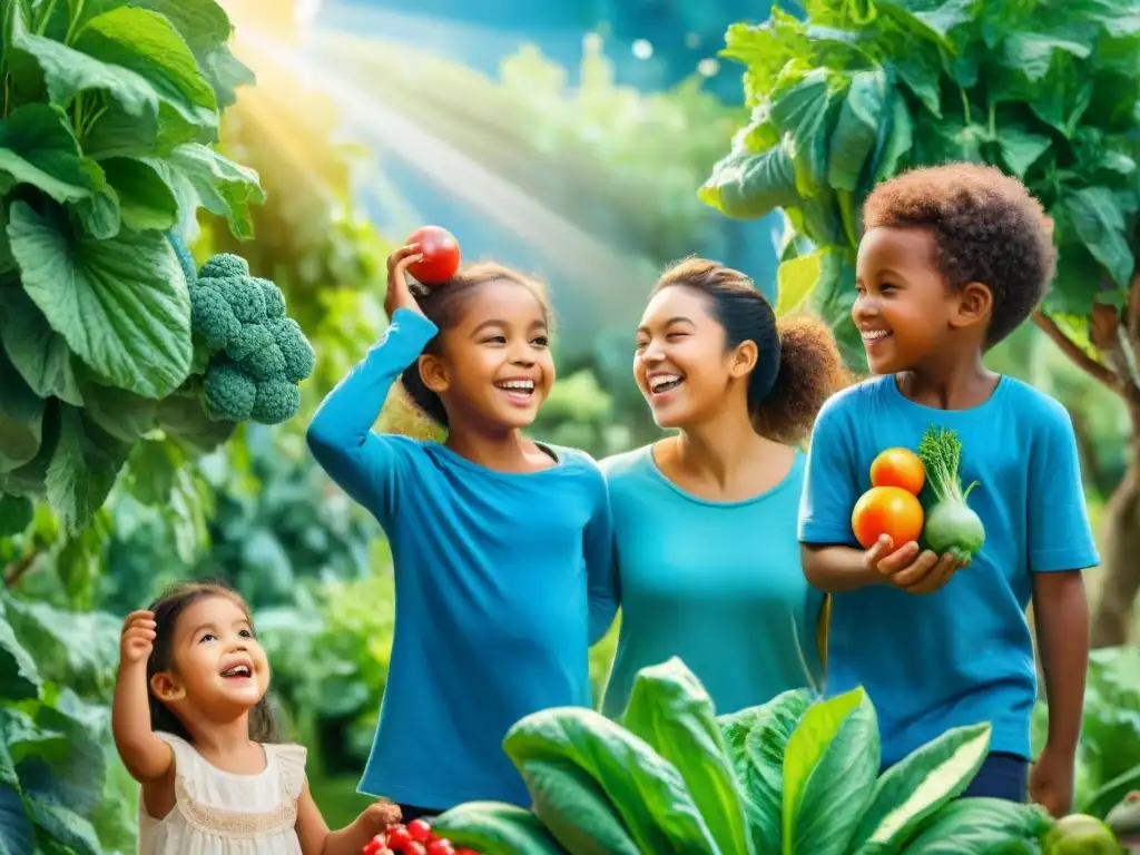 Niños felices jugando en jardín vibrante con frutas y verduras Un jardín vibrante lleno de niños felices jugando juntos, rodeados de frutas y verduras coloridas