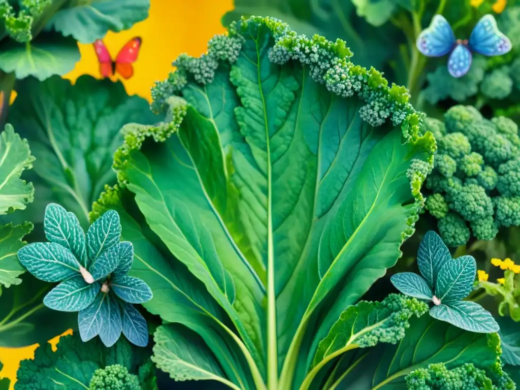 Jardín de Kale: Detalles en acuarela de un paraíso verde y vibrante Un jardín de kale vibrante con mariposas y flores, perfecto para recetas snacks saludables kale homemade