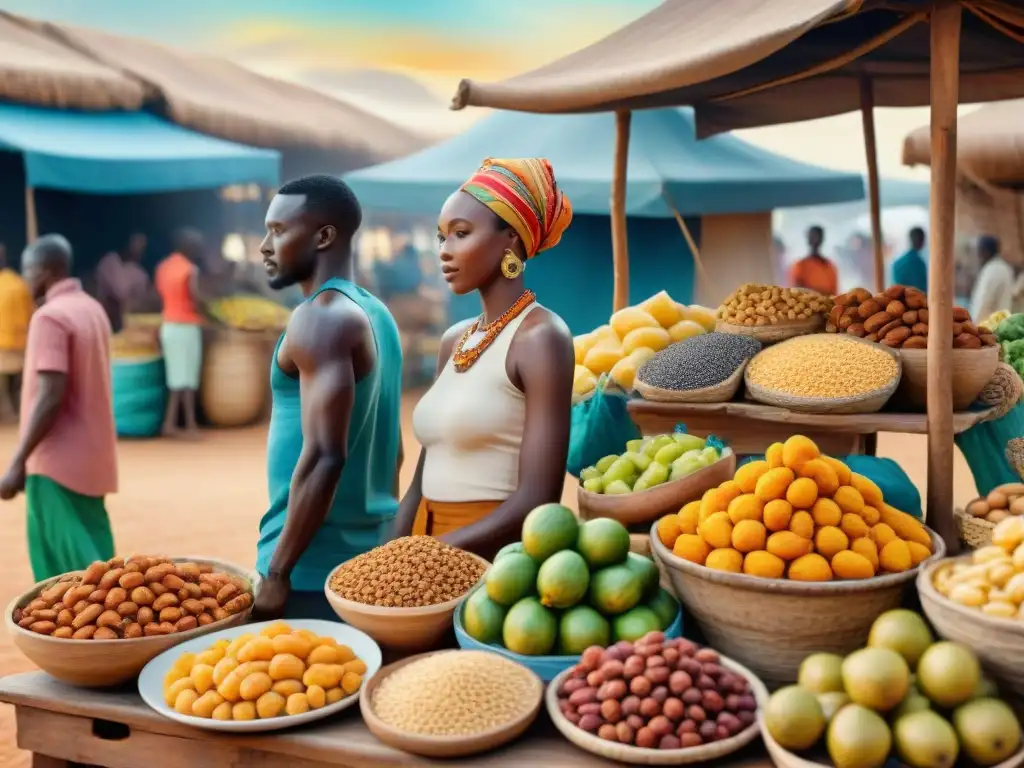 Mercado africano: colores, sabores y cultura vibrante Vibrante mercado africano con frutas y snacks exóticos en puestos de madera