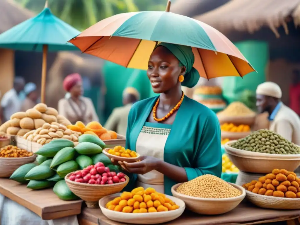Mercado vibrante de snacks saludables en África Un vibrante mercado africano con snacks saludables África sabor bajo sombrillas coloridas