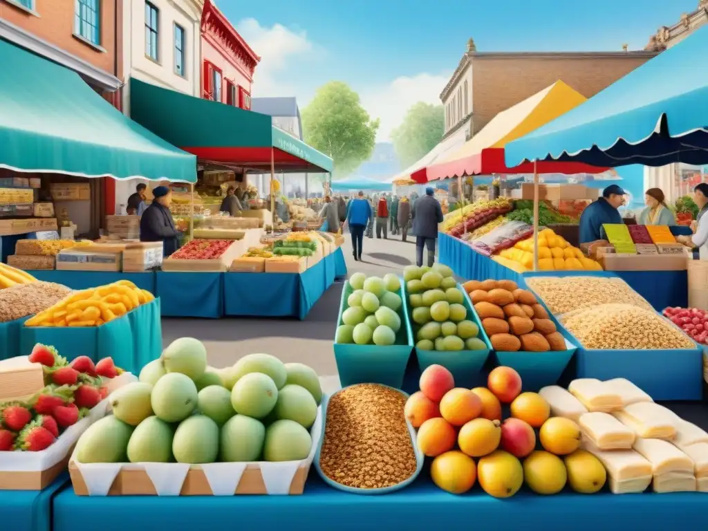 Mercado de granola y frutas: ilustración acuarela detallada Un vibrante mercado de agricultores con estrategias marketing snacks saludables, bajo un cielo azul claro