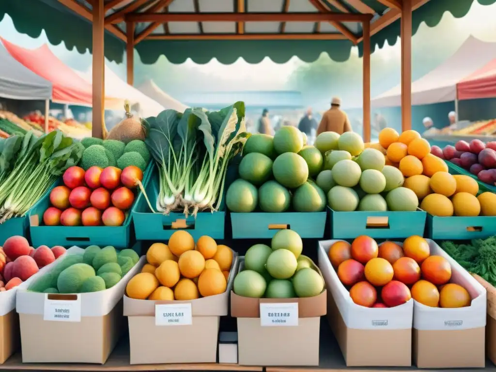 Mercado agrícola vibrante: ilustración acuarela detallada Un vibrante mercado de agricultores con frutas y verduras frescas