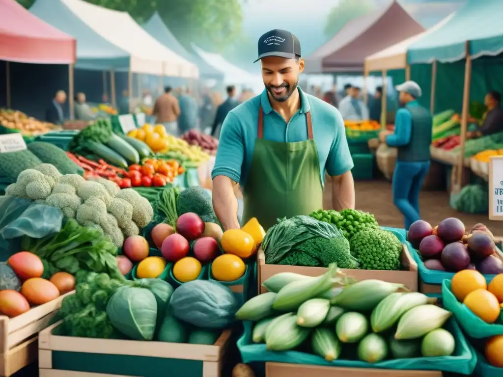 Mercado agrícola vibrante: escena de frescura y vitalidad Un vibrante mercado de agricultores con ingredientes frescos y coloridos, promoviendo beneficios de proteínas de origen vegetal en barras