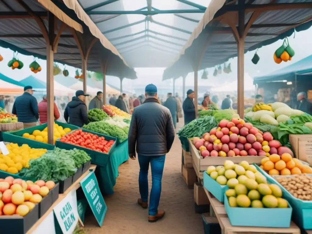 Mercado orgánico: pintura acuarela de frutas frescas y verduras vibrantes Un vibrante mercado de agricultores con ingredientes frescos y coloridos