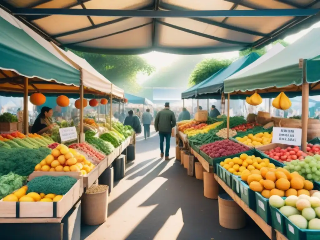 Mercado agrícola vibrante: ilustración en acuarela Un vibrante mercado de agricultores con puestos rebosantes de frutas y verduras frescas