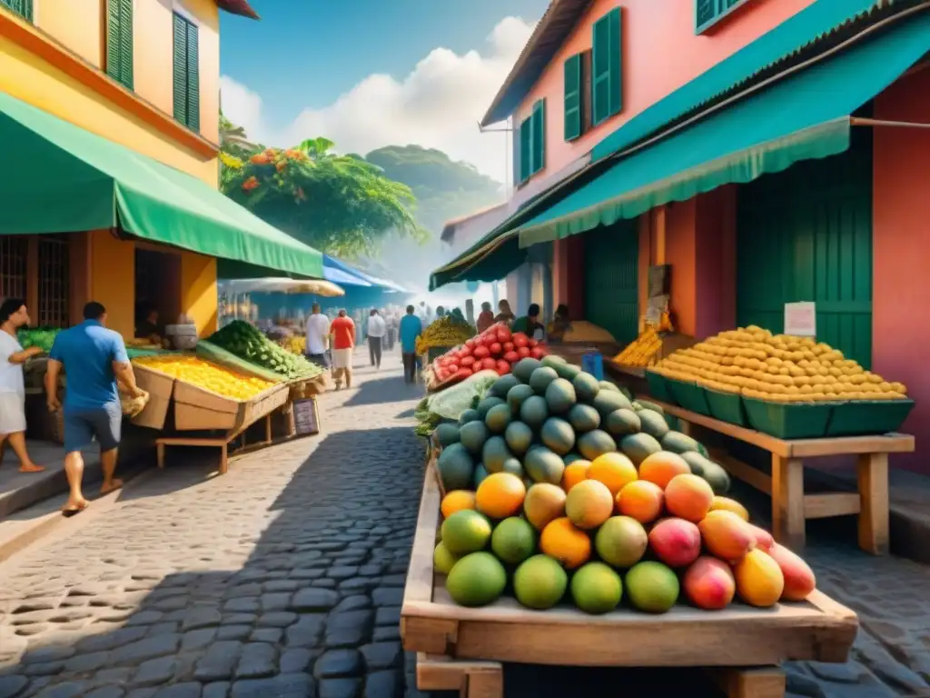 Mercado brasileño vibrante con frutas exóticas y ambiente auténtico Un vibrante mercado brasileño lleno de frutas exóticas y snacks tradicionales, reflejando la rica cultura culinaria de Brasil