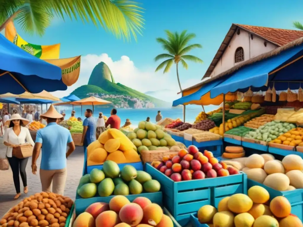 Mercado vibrante de frutas exóticas en Brasil Un vibrante mercado brasileño con snacks saludables, frutas y nueces exóticas bajo un cielo azul