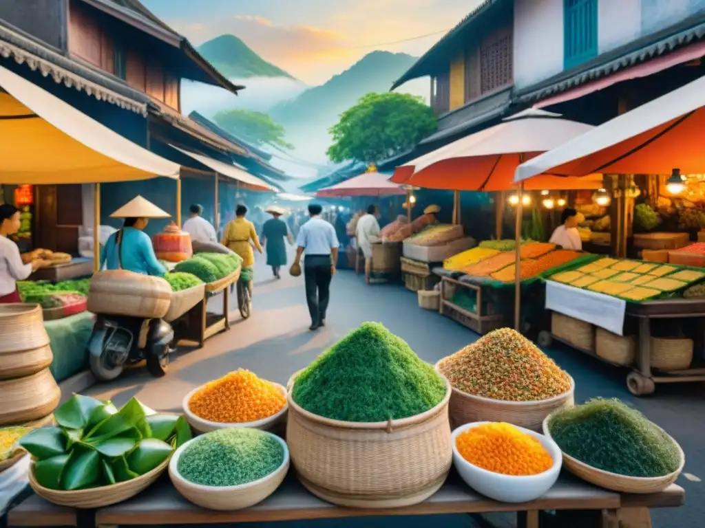 Mercado callejero: bocadillos de algas en Asia Vibrante mercado callejero del Sudeste Asiático con snacks saludables y exóticos en cestas tejidas, evocando aventura culinaria