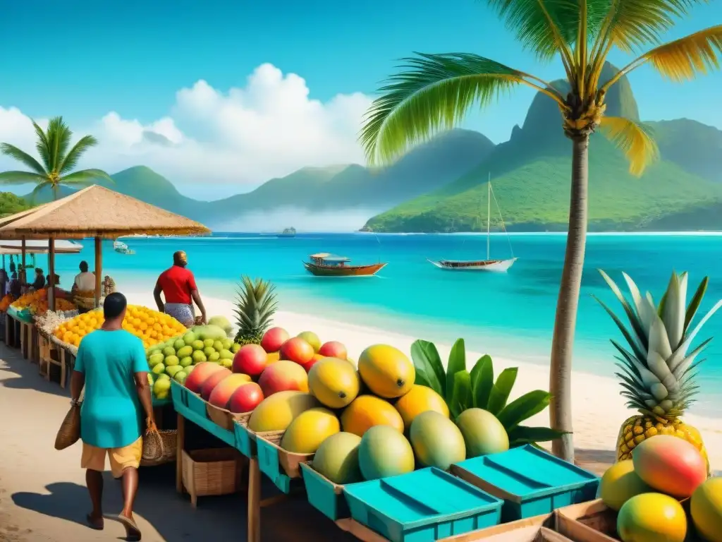 Mercado de frutas caribeñas: ilustración detallada y vibrante Un vibrante mercado caribeño con frutas exóticas en puestos coloridos