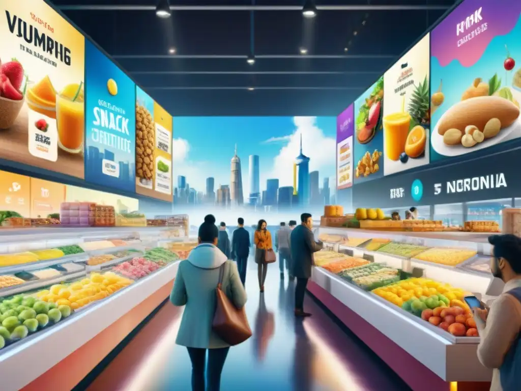 Mercado digital vibrante con opciones saludables Un vibrante mercado digital con opciones de snacks saludables como frutas, nueces y smoothies