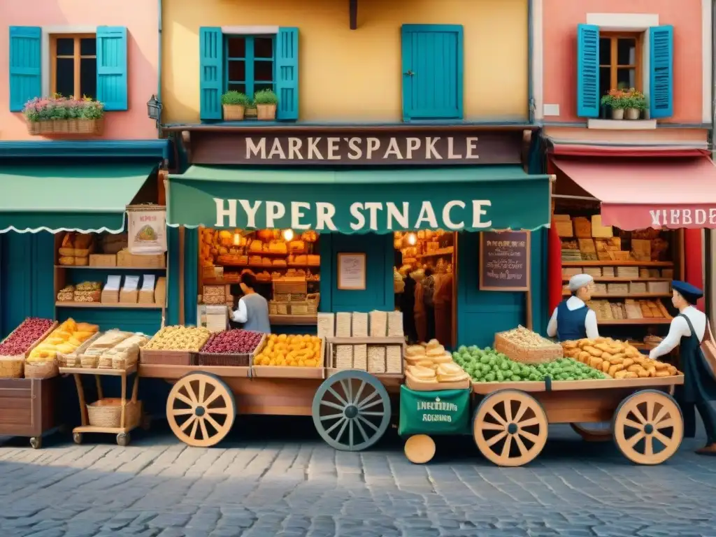 Mercado europeo con snacks saludables en acuarela Vibrante mercado europeo con snacks saludables importados gourmet en puestos de madera y toldos coloridos
