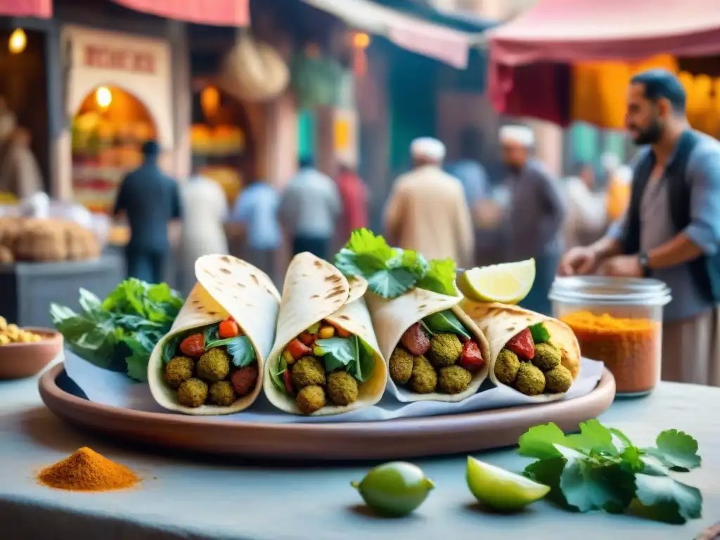 Pintura acuarela detallada de mercado vibrante en Marrakech Un vibrante mercado en Marrakech con exóticos snacks veganos internacionales