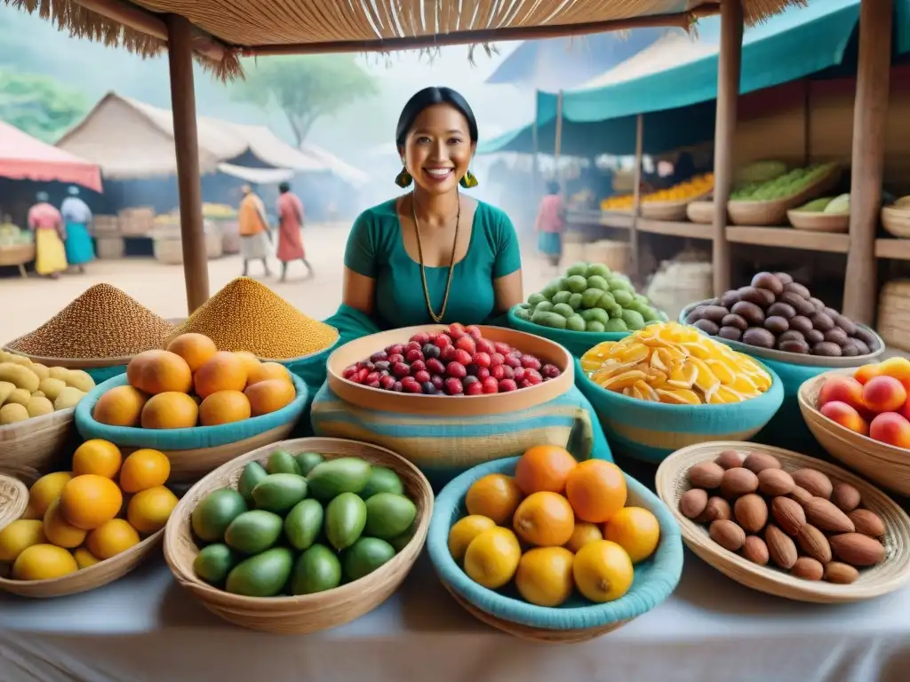 Mercado vibrante: bocados saludables y coloridos Un vibrante mercado indígena con snacks saludables raíces indígenas exhibidos con orgullo en una escena colorida y detallada