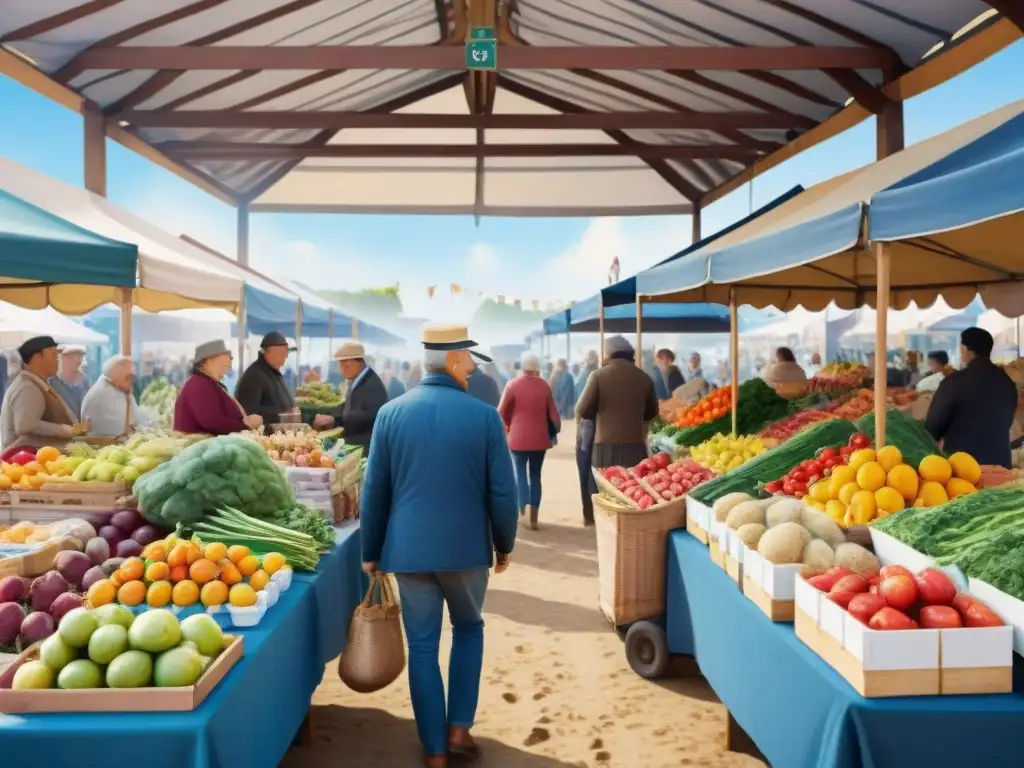 Mercado orgánico: ilustración acuarela de feria llena de vida y colores Un vibrante mercado lleno de coloridas paradas vendiendo frutas, verduras y 'Snacks saludables recomendados por expertos'