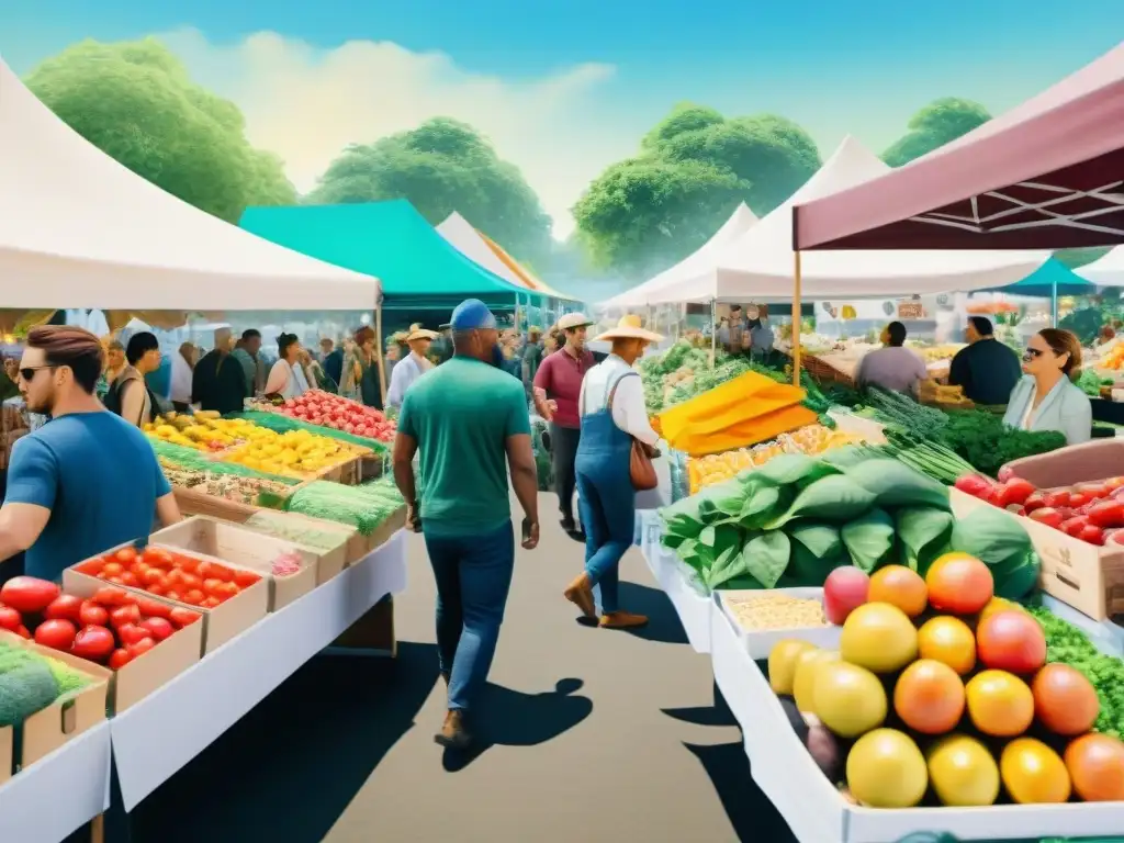 Mercado sostenible: Ilustración acuarela de feria orgánica y eco-friendly Un vibrante mercado lleno de productos frescos y empaques ecológicos