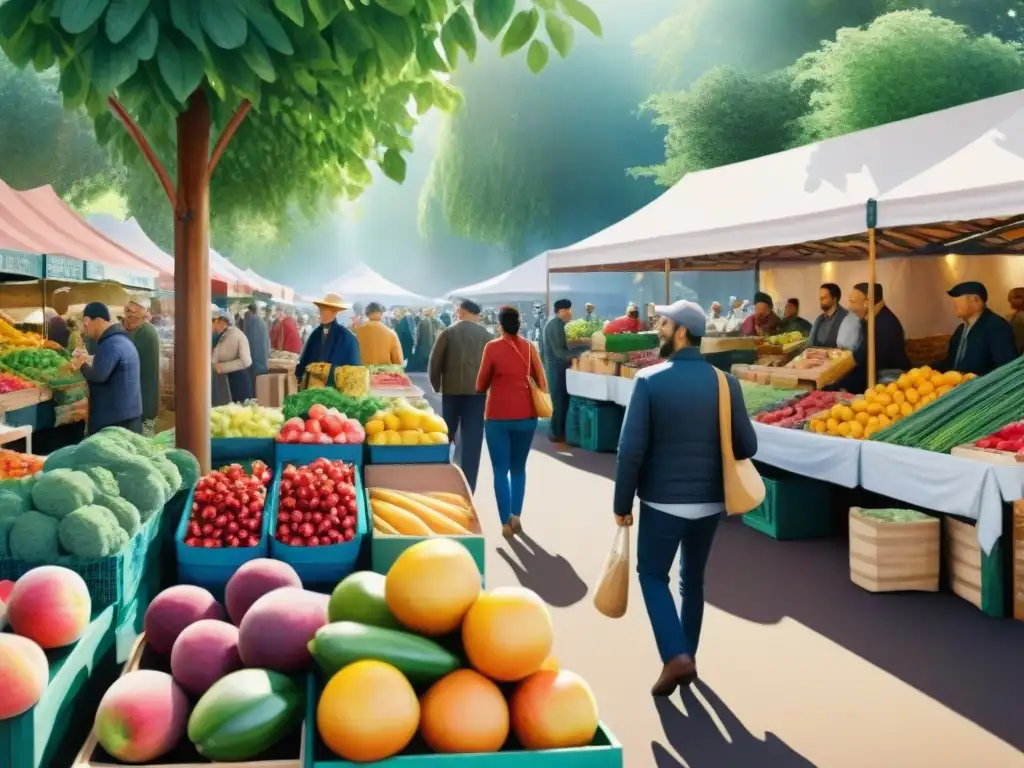 Mercado agrícola vibrante: escena de frutas y verduras frescas Un vibrante mercado lleno de vida, donde la diversidad se une en la búsqueda de snacks saludables para nutrir