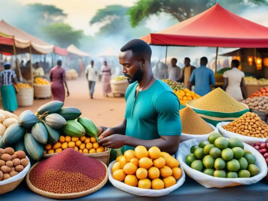 Mercado africano vibrante: ilustración acuarela Un vibrante mercado en África con snacks saludables de sabor único