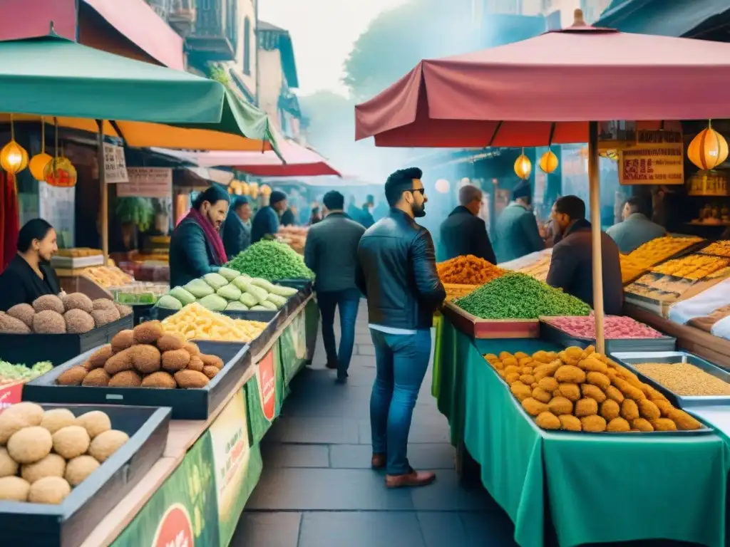 Mercado multicultural de snacks veganos internacionales Un vibrante mercado con snacks saludables veganos internacionales en coloridos puestos
