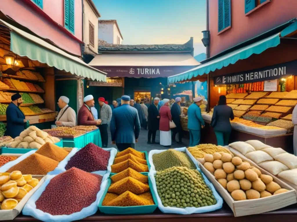 Mercado turco vibrante: boceto acuarela con snacks tradicionales Un vibrante mercado turco con sabores y colores exóticos