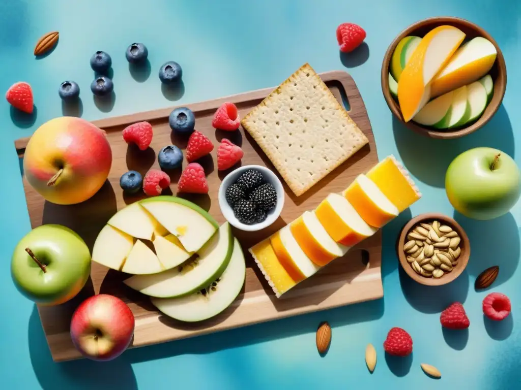 Deliciosos snacks saludables: frutas, frutos secos y semillas en acuarela Una ilustración vibrante de opciones de snacks saludables en tabla de madera