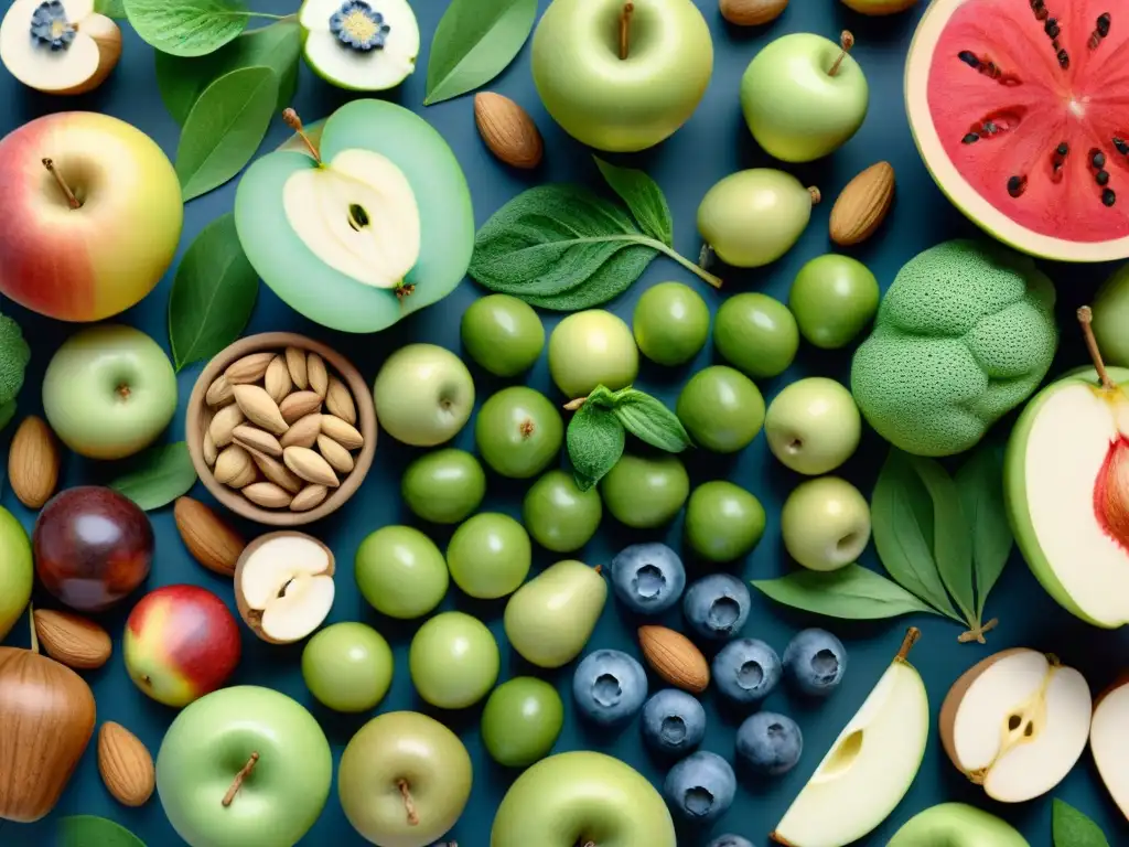 Patrón vibrante de frutas y vegetales para salud intestinal Un vibrante patrón de frutas, verduras, frutos secos y semillas en acuarela, promoviendo snacks saludables microbioma intestinal