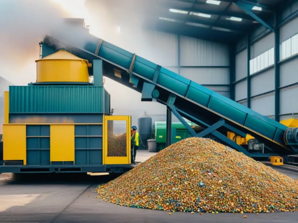 Pintura acuarela detallada de una planta de reciclaje vibrante Una vibrante planta de reciclaje en acuarela, con trabajadores, maquinaria y colores de envases reciclados saludables snacks