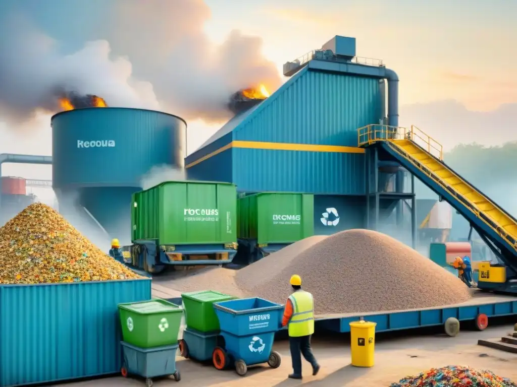 Planta de reciclaje: sostenibilidad y eficiencia en acción Vibrante ilustración acuarela de planta de reciclaje con trabajadores y cintas transportadoras, enfocada en envases reciclados saludables snacks