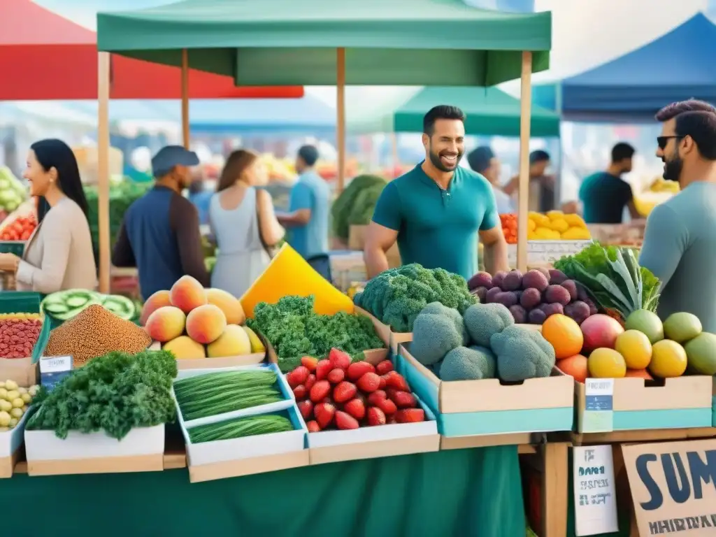 Un vibrante puesto de mercado rebosante de frutas y vegetales frescos, nueces y semillas, con opciones de snacks saludables innovadores y deliciosos