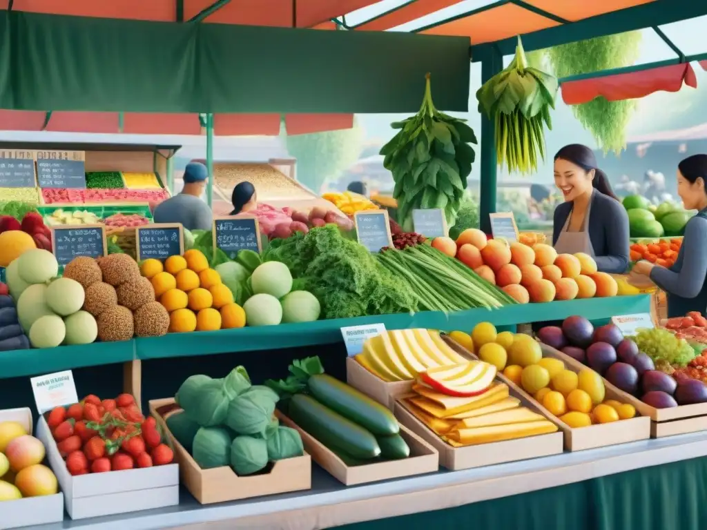 Un vibrante puesto de mercado rebosante de frutas y verduras frescas, con opciones innovadoras y deliciosas