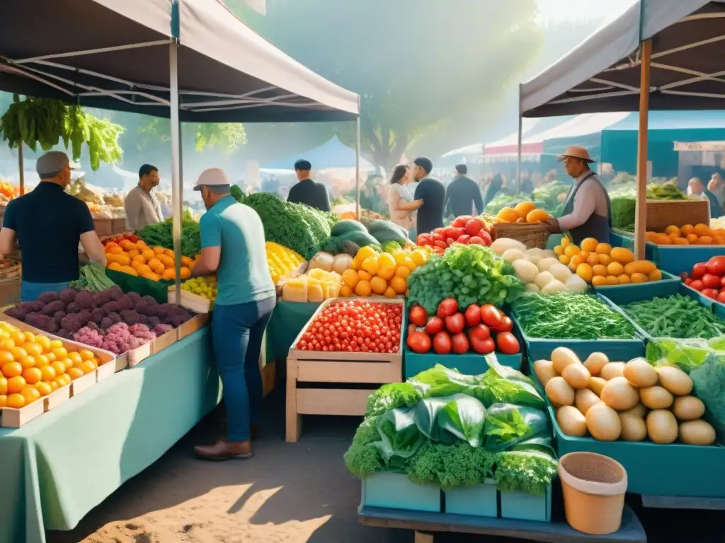 Bello puesto de mercado con vegetales y frutas frescas, colorido y vibrante Un vibrante puesto de mercado rebosante de vegetales y frutas frescas, capturando la esencia de un día bullicioso con ingredientes coloridos y frescos