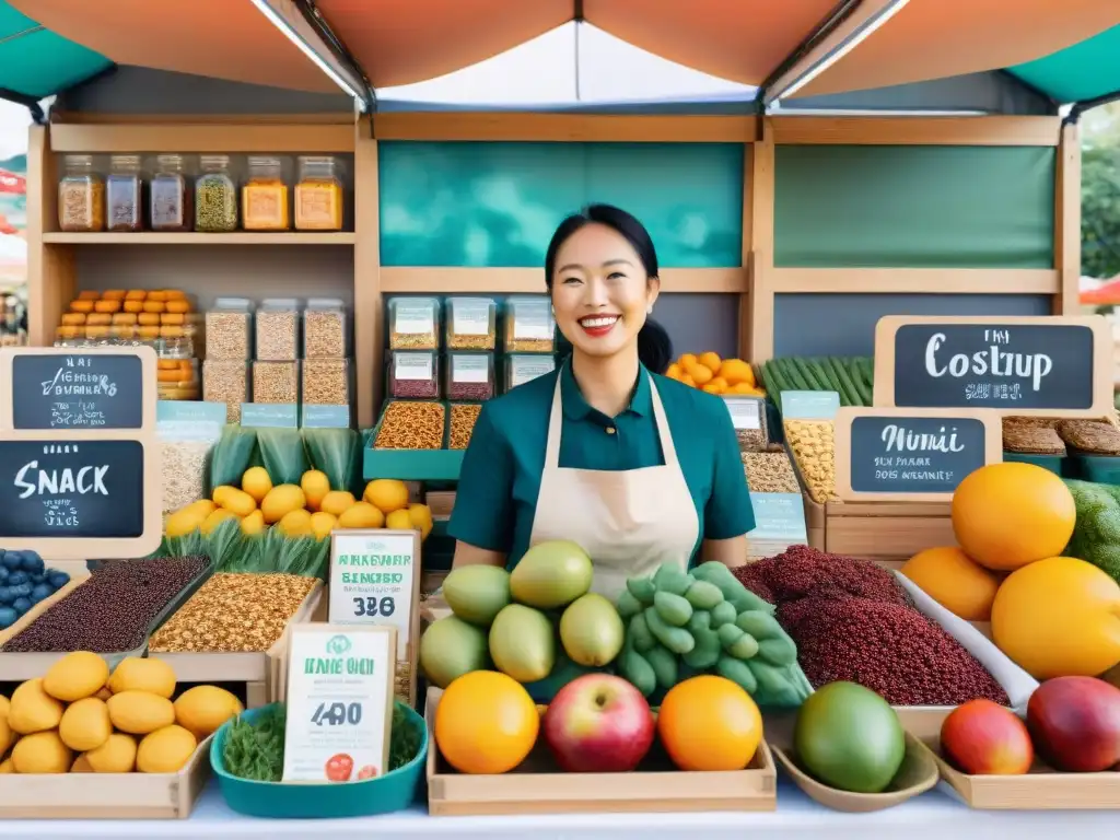 Colorida escena de mercado con snacks saludables y emprendimiento innovador Un vibrante puesto de mercado con snacks saludables, clientes diversos y una presentación de pitch de inversión para una startup