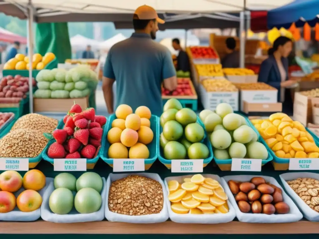 Mercado de snacks saludables: color, variedad y sabiduría Vibrante ilustración acuarela de puesto mercado con snacks saludables recomendados por expertos