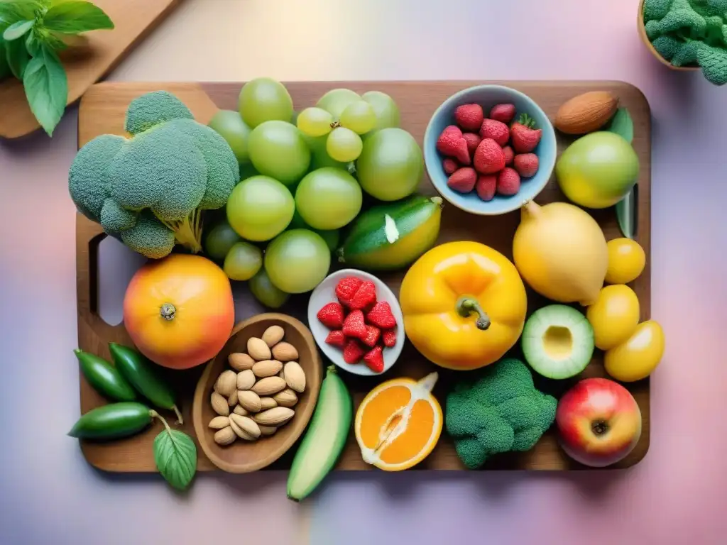 Deliciosos snacks saludables en acuarela Una ilustración vibrante de snacks saludables bajos calorías con frutas frescas, frutos secos y verduras, sobre tabla de madera y fondo pastel